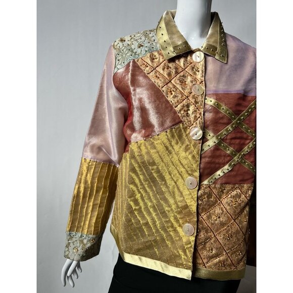 Seventh Avenue Womens Jacket Coat Multicolor Gold Patchwork Buttons Beaded M New - Picture 4 of 12
